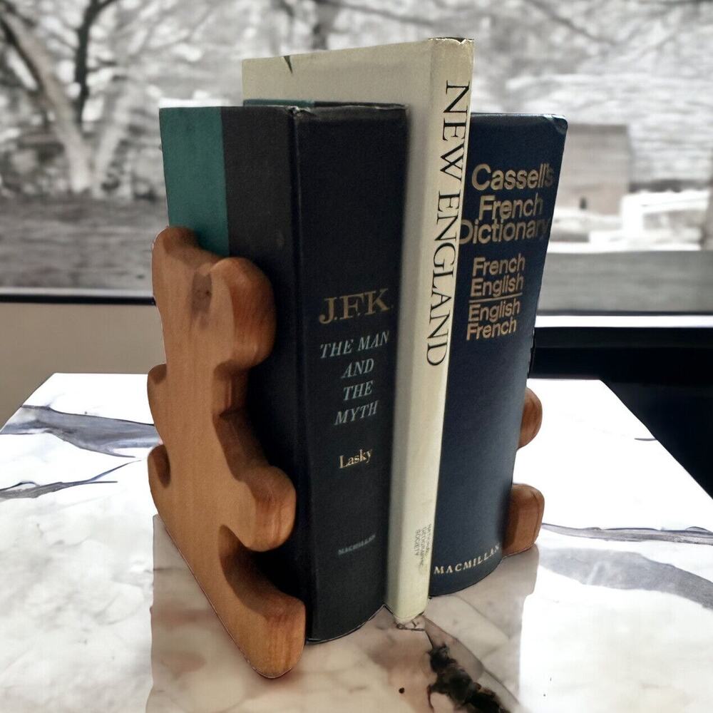 Vintage Book Ends Solid Wood Handmade Carved Teddy Bear Shaped Pair Children